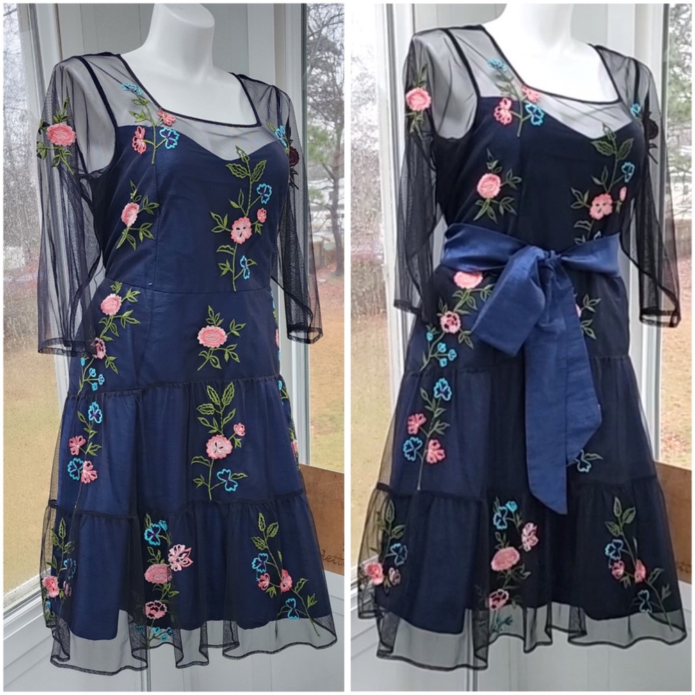 Wayward Fancies Floral Embroidery Black Sheer Tiered Tulle & Blue Dupioni Dress - Picture 2 of 16